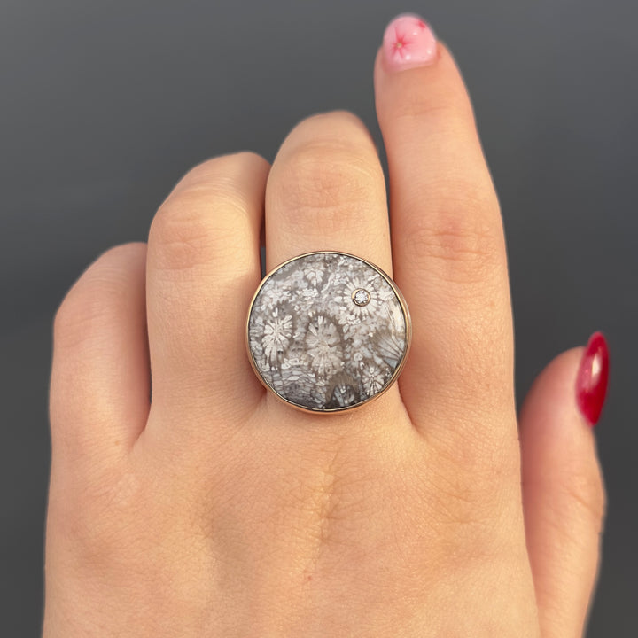 Fossilized Coral + Diamond Ring