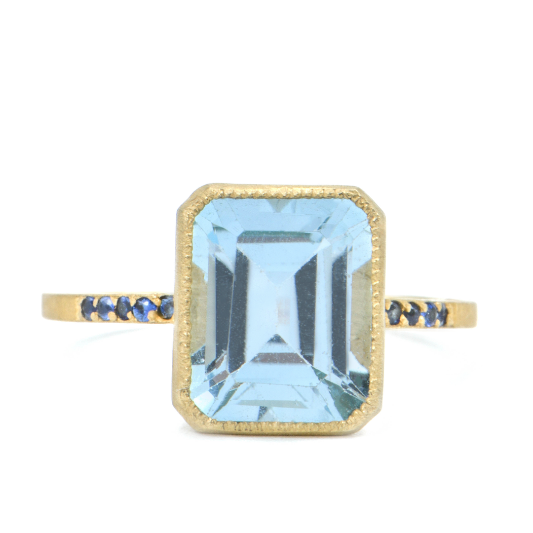 Blockette Emerald Cut Blue Topaz Ring