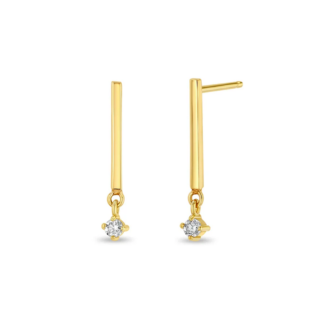 Gold Bar Prong Diamond Drop Earrings