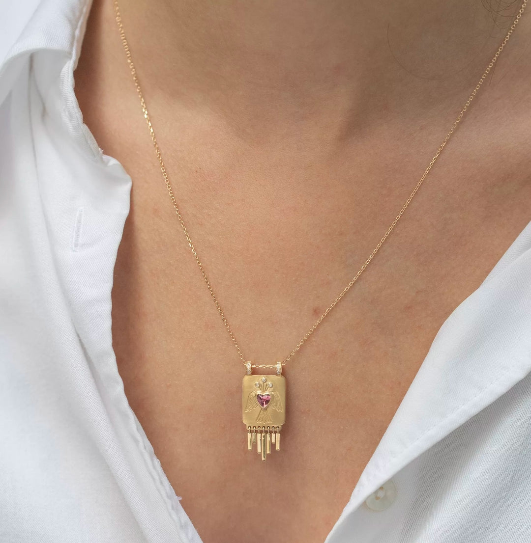 Heart Tourmaline Gold Rectangle Necklace