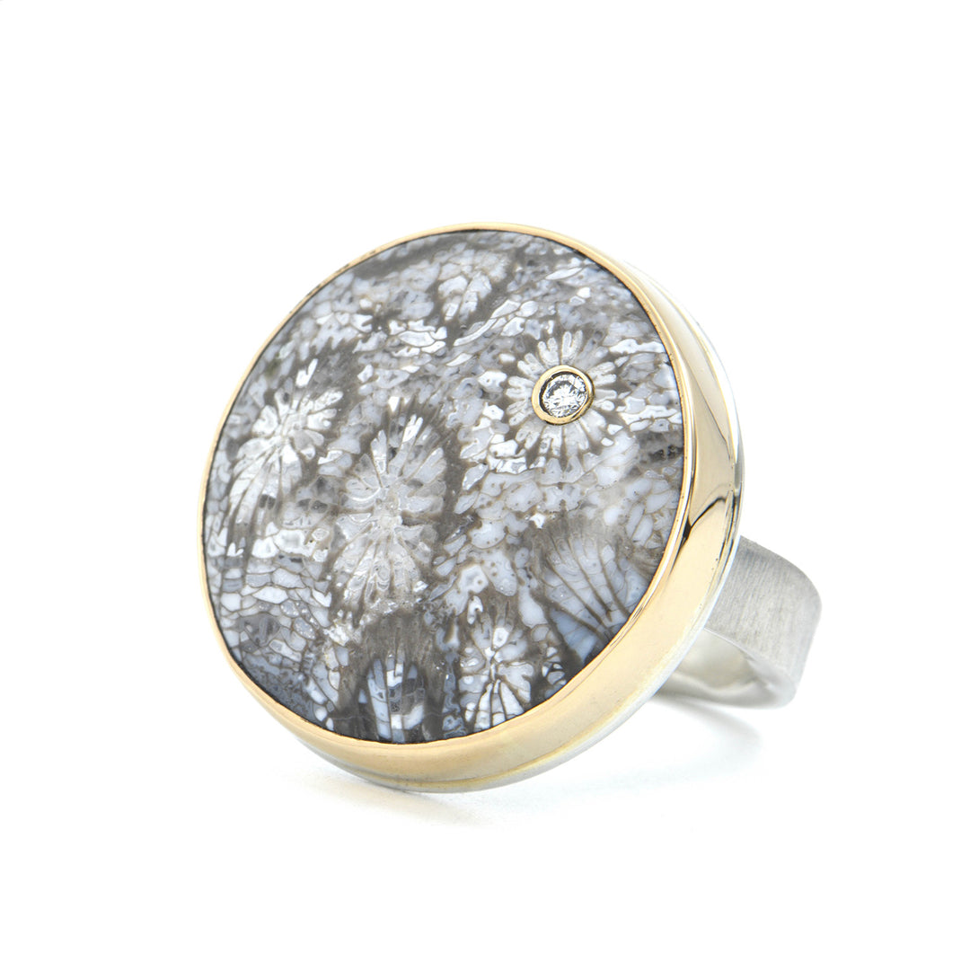 Fossilized Coral + Diamond Ring