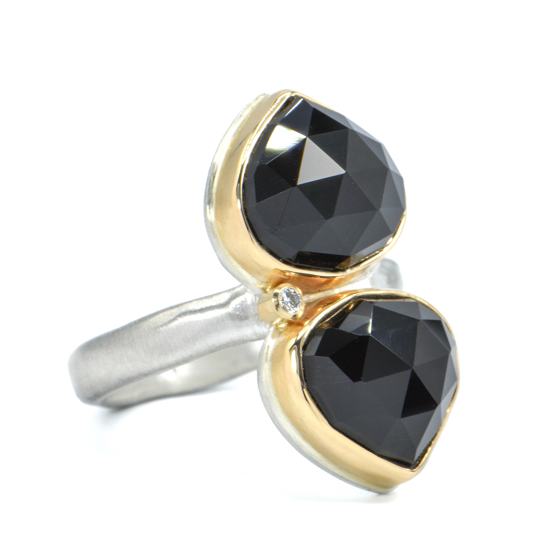 Double Lotus Black Onyx + Diamond Ring