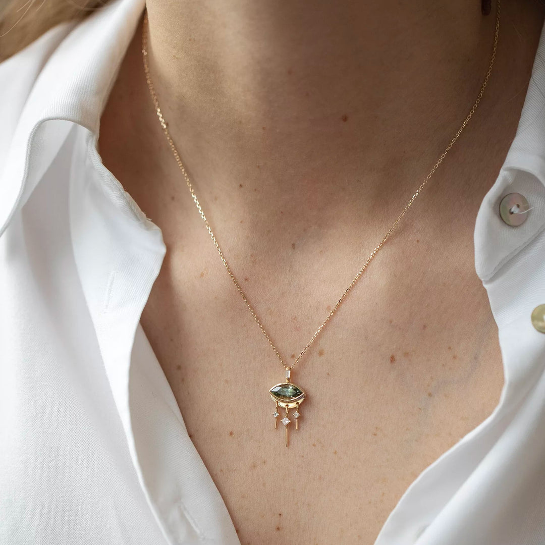 Green Tourmaline Marquise Eye & Diamond Necklace