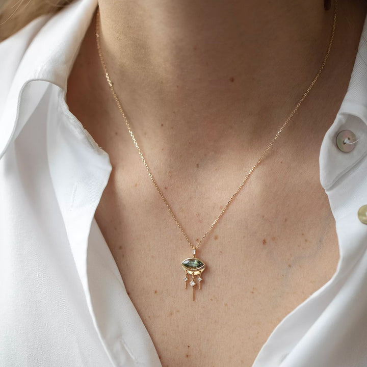 Green Tourmaline Marquise Eye & Diamond Necklace