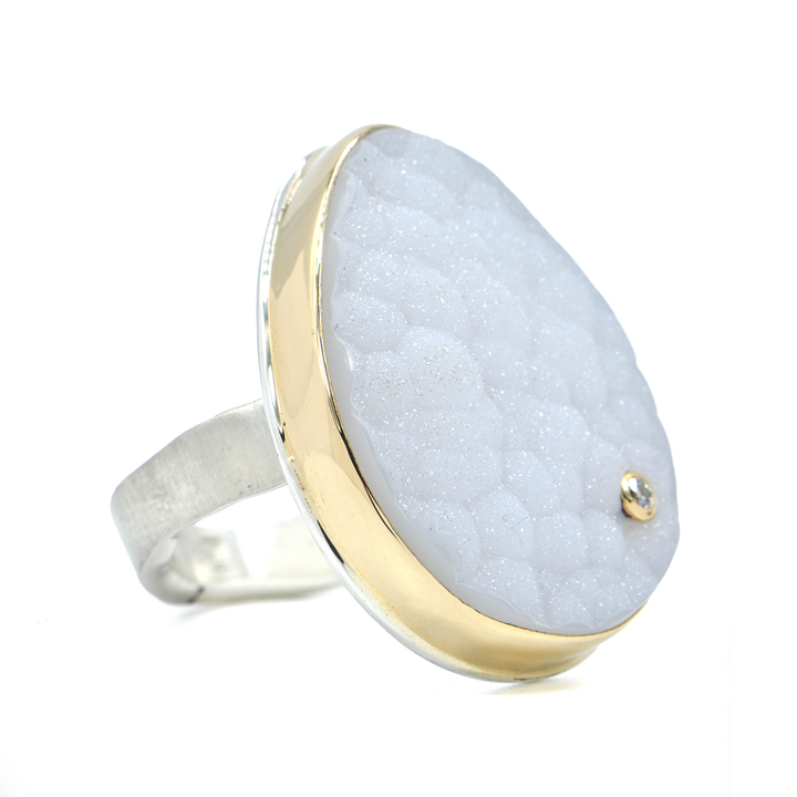 Brazilian White Druzy + Diamond Ring