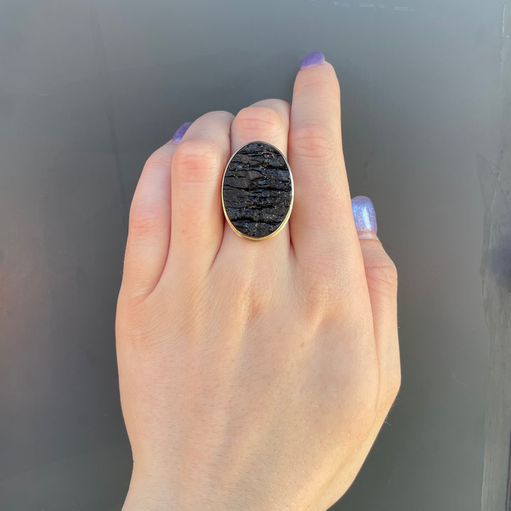 Oval Surface Cut Obsidian Ring
