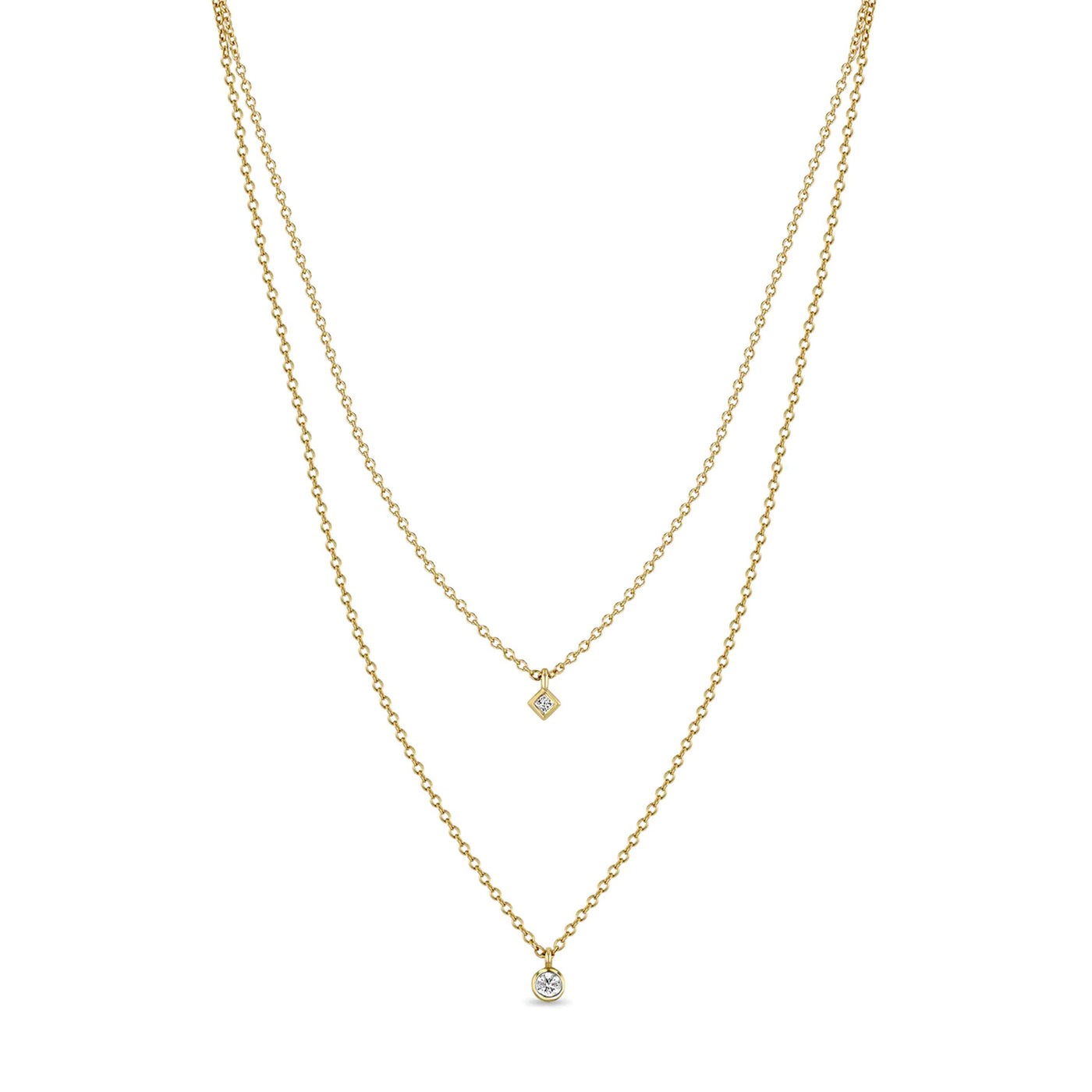 Round and Princess Diamond Bezel Layered Chain Necklace