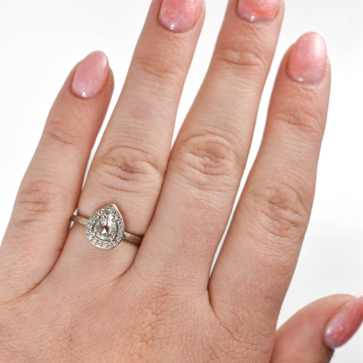 Rose Cut Icy Grey Pear Diamond + Diamond Halo Ring