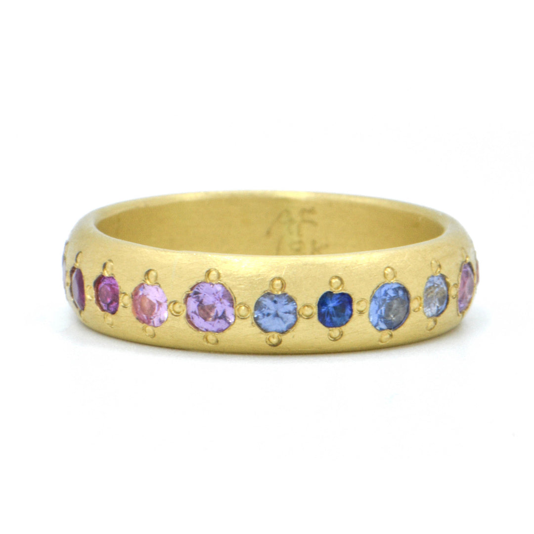 Annie Fensterstock Yellow Gold Rainbow Sapphire Band