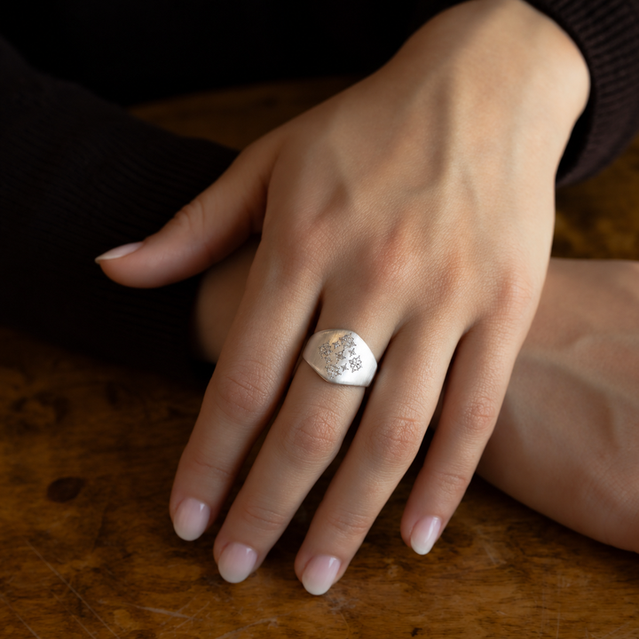 Silver Diamond Moon & Stars Shield Ring