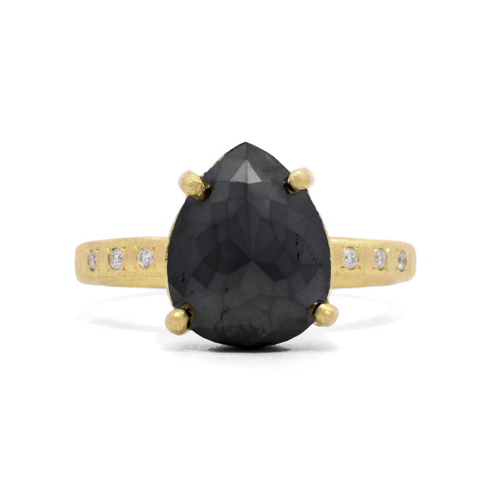 Prong Set Pear Shaped Black Diamond Ring