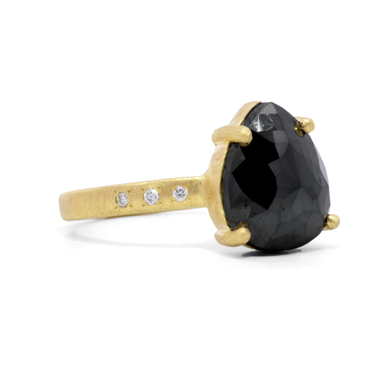 Prong Set Pear Shaped Black Diamond Ring