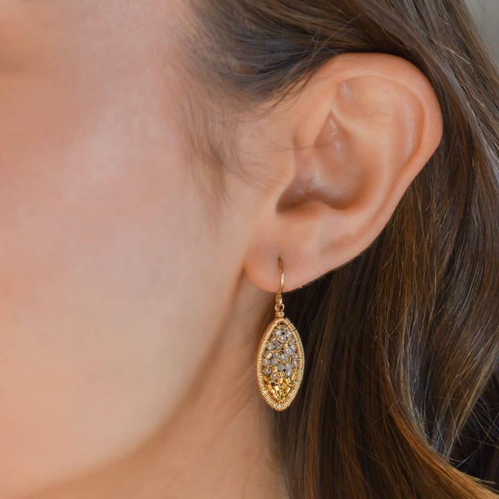 Small Crystal + Gold Bead Marquise Drop Earrings
