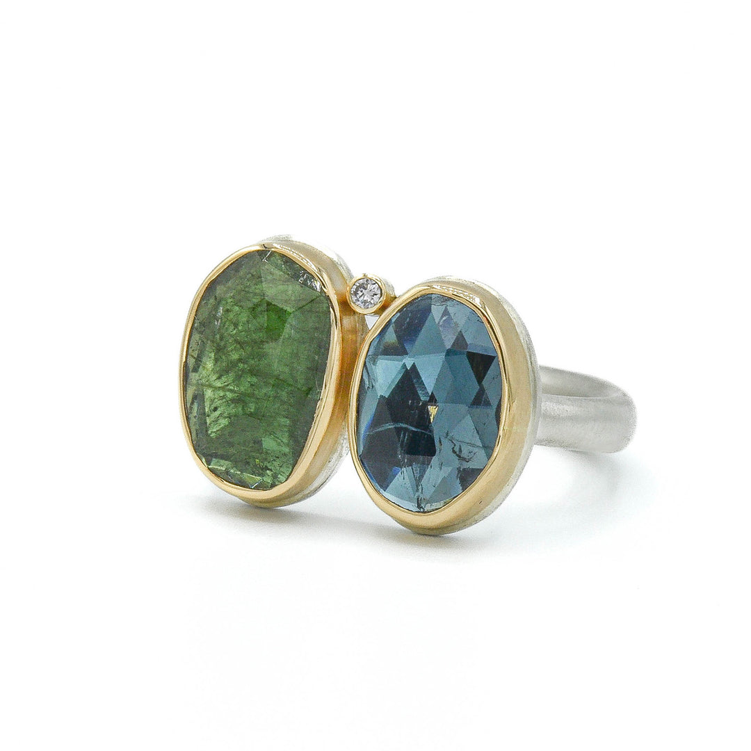 Double Blue &amp; Green Tourmaline + Satellite Diamond Ring