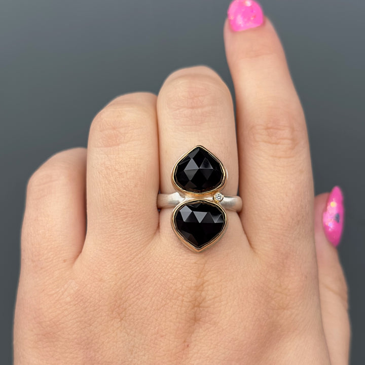 Double Lotus Black Onyx + Diamond Ring