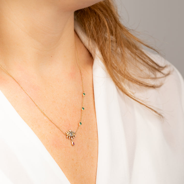 Tiny Evil Eye Emerald & Sapphire Necklace