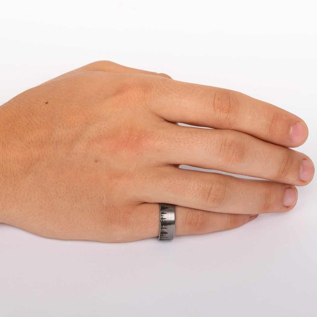 Rugged Tungsten Band with Forest Scene