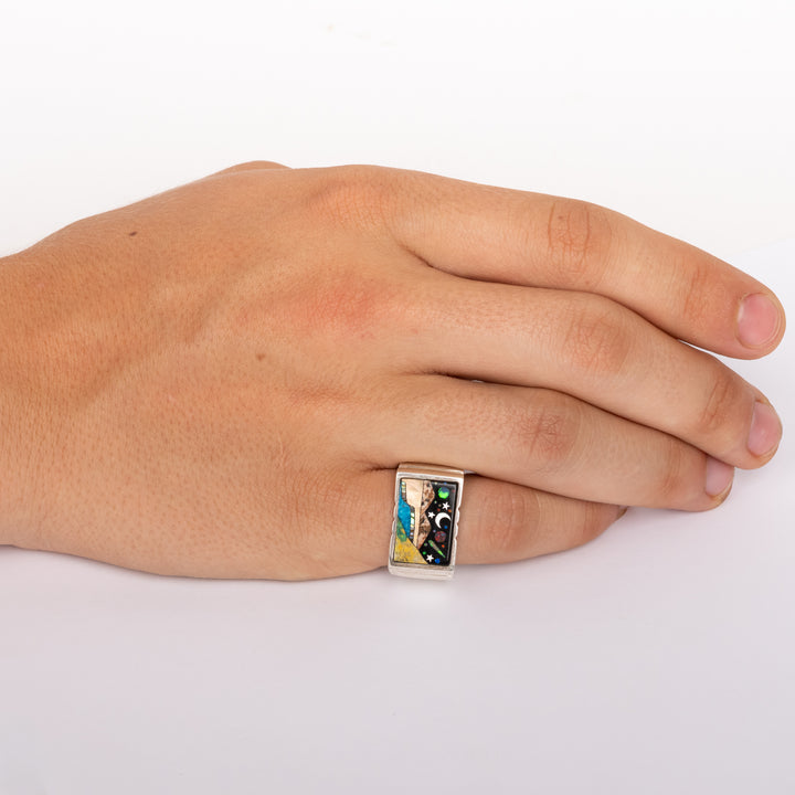 Desert River Night Sky Scene Rectangular Signet Ring