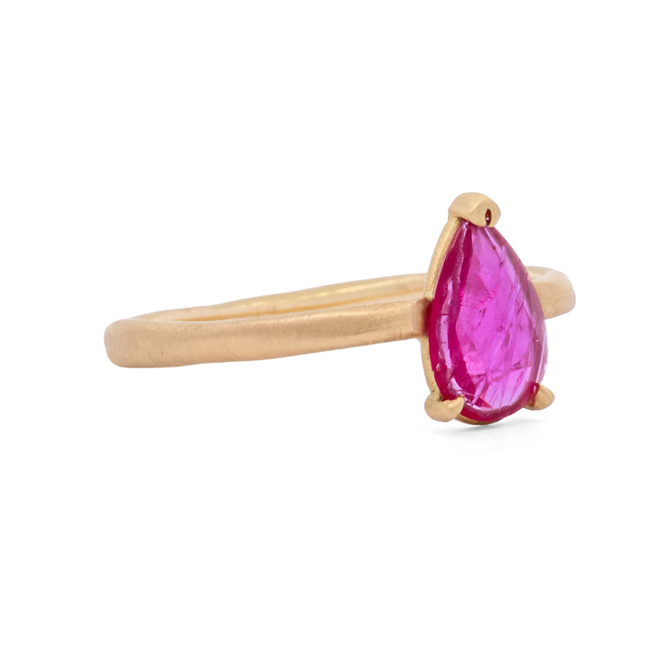 Pear Shaped Rose Cut Three Prong Ruby Ring
