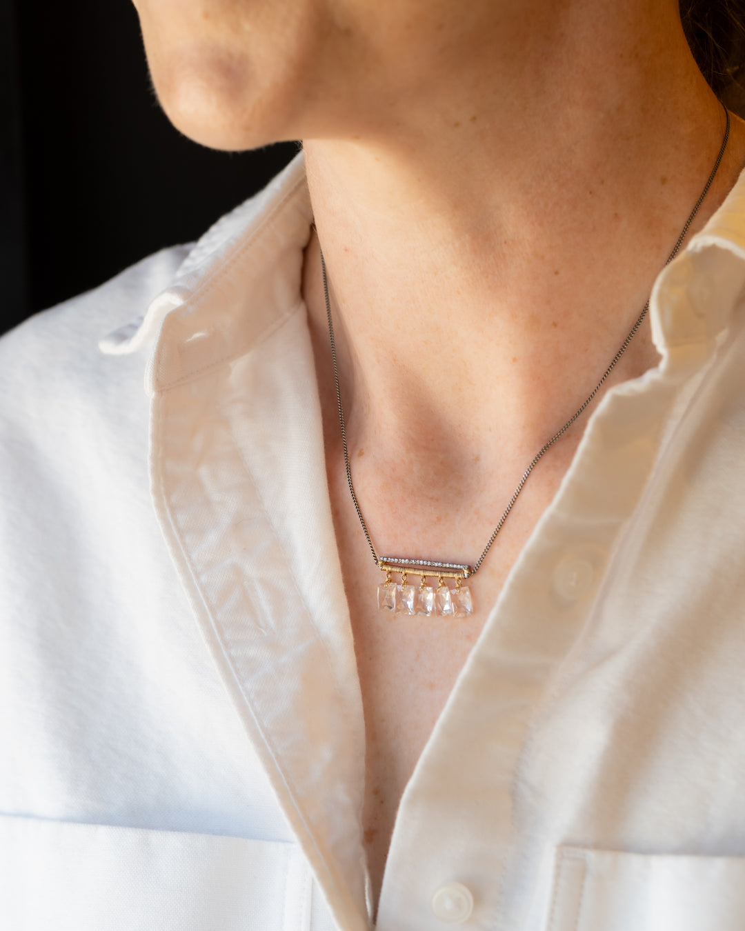 Five White Topaz Drops Diamond Bar Necklace
