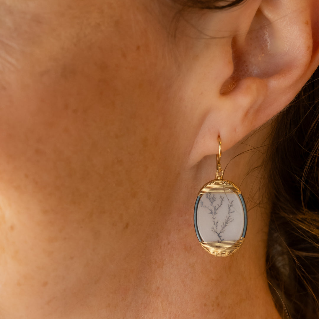 Dendritic Agate Oval Framed Drop Earrings