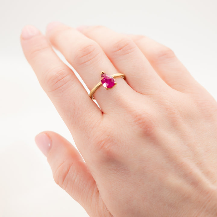 Pear Shaped Rose Cut Three Prong Ruby Ring