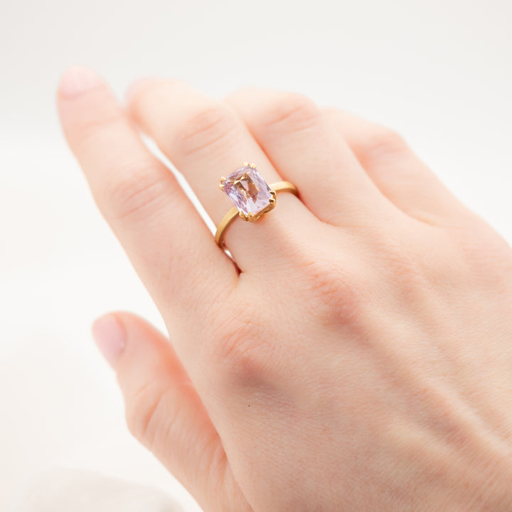 Eight Prong Emerald Cut Kunzite Ring