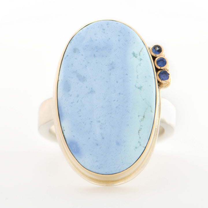 Kazakhstani Turquoise Ring With Triple Satellite Blue Sapphires