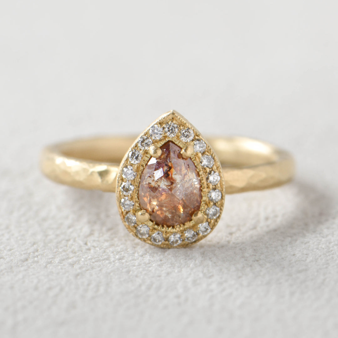 Trunk Show Orange Pear Diamond Ring with Halo