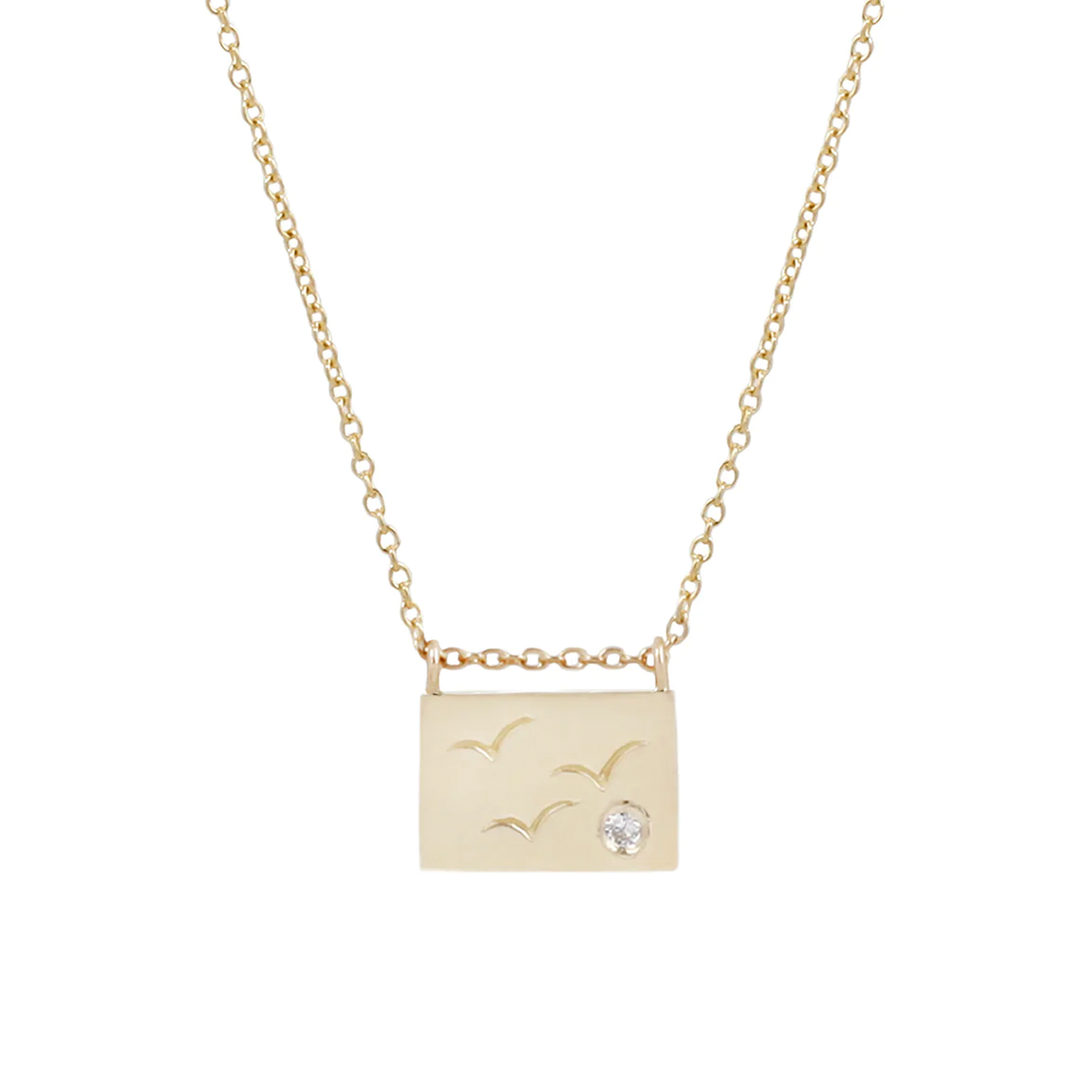 Aili 14K Yellow Gold Diamond Birds Postcard Charm Necklace