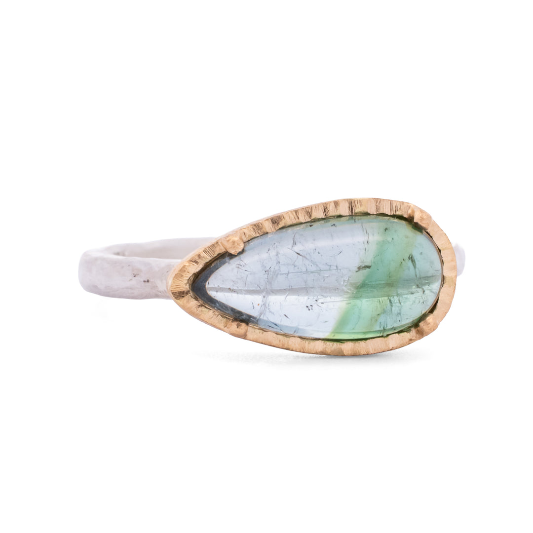Bi-Colored Tourmaline Elongated Horizontal Pear Ring