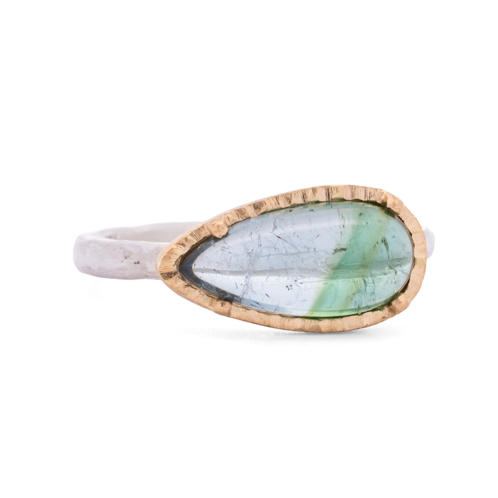 Bi-Colored Tourmaline Elongated Horizontal Pear Ring