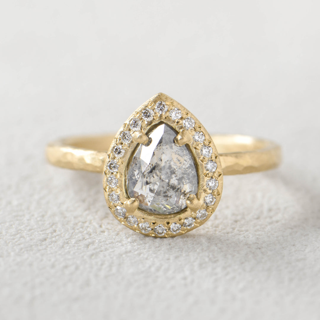 Trunk Show Salt &amp; Pepper Pear Diamond Ring with Halo