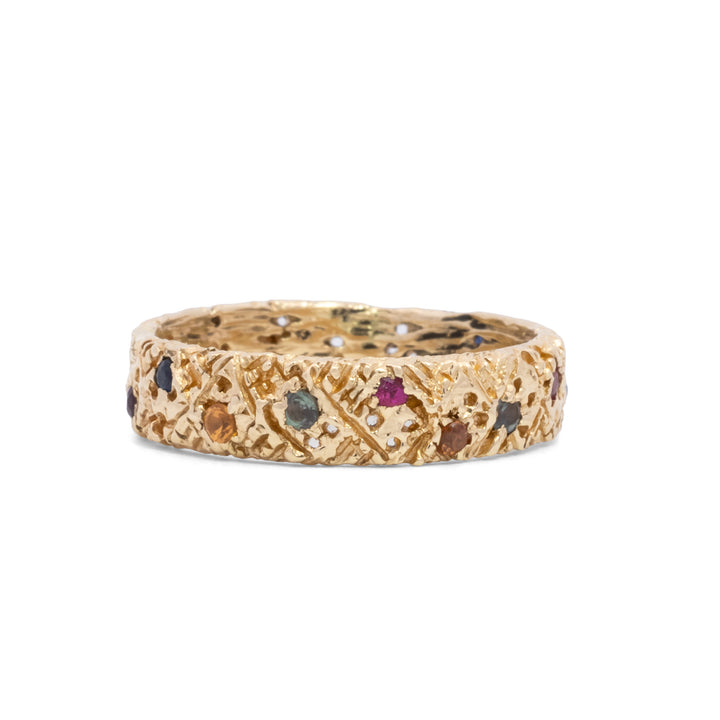 Inlaid Multi Colored Sapphire Textured Band
