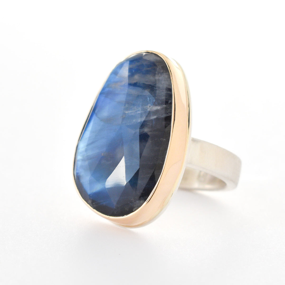 Asymmetrical Blue Rainbow Moonstone Ring