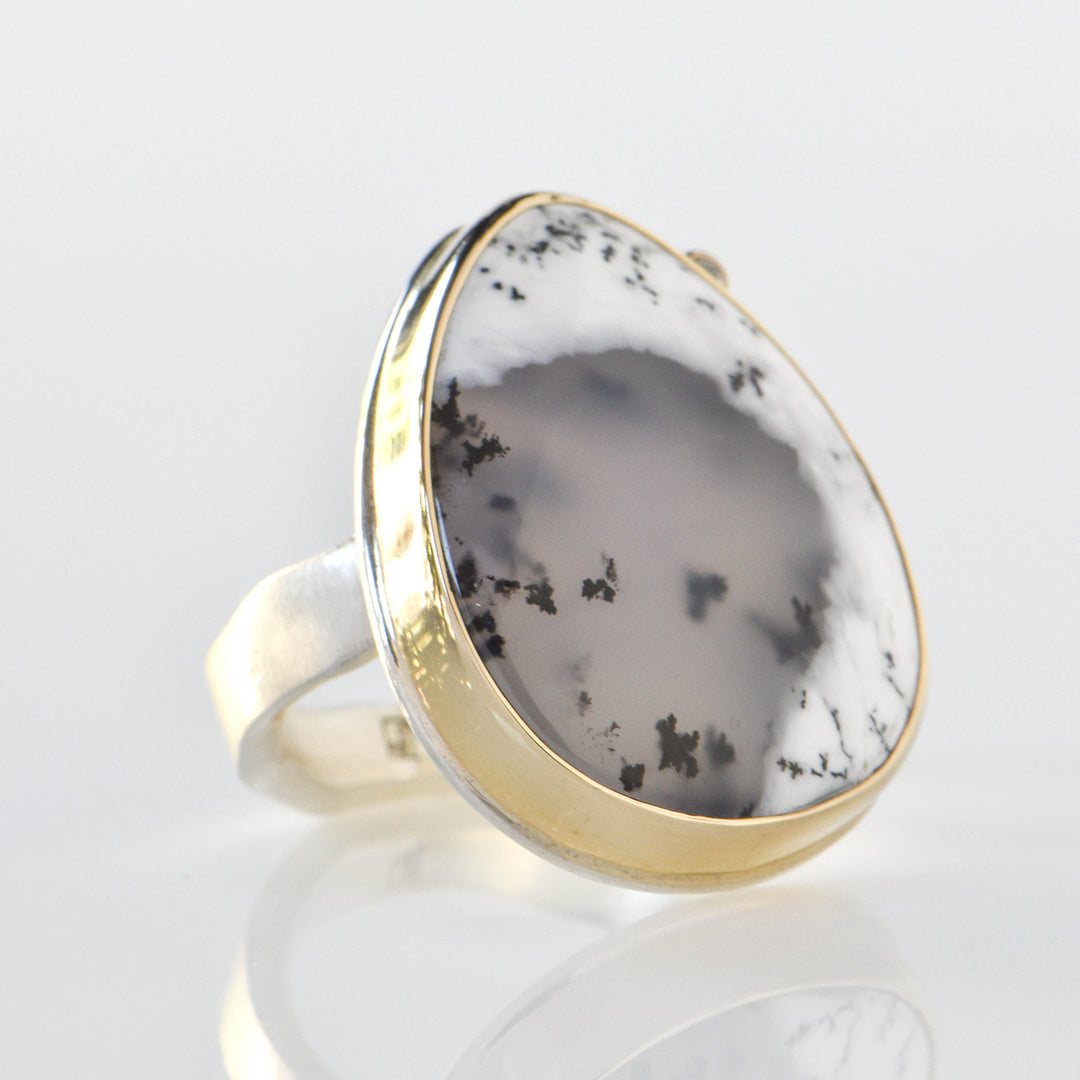 Teardrop Dendritic Opal + Satellite Diamond Ring