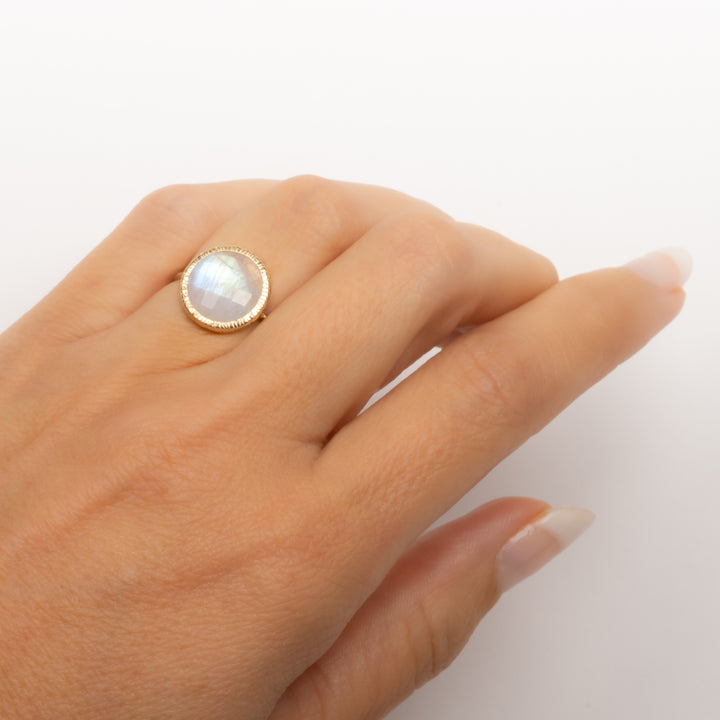 Round Faceted Rainbow Moonstone Ring