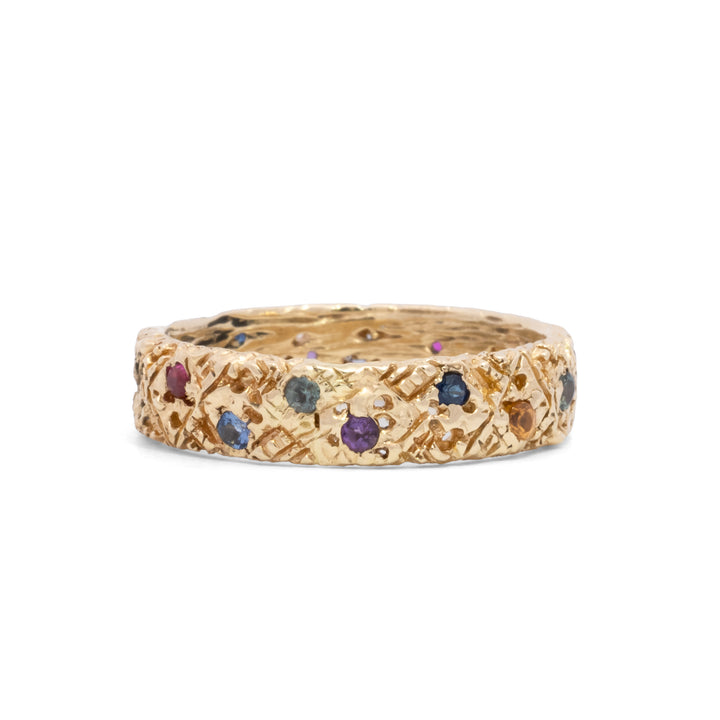 Inlaid Multi Colored Sapphire Textured Band