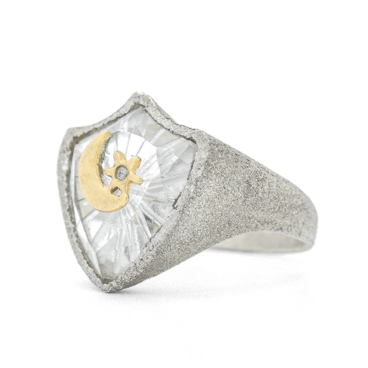 Crescent Moon & Star Shield Signet Ring