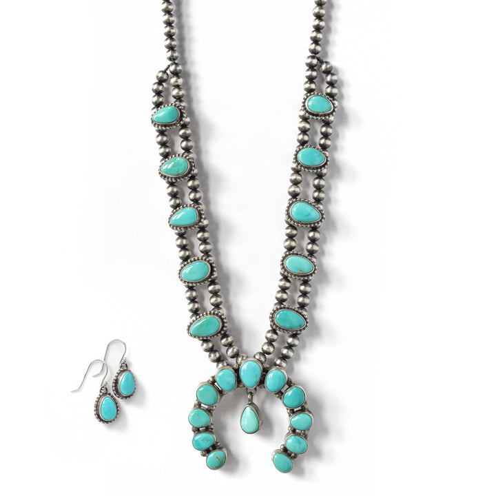 Betta Lee Navajo Turquoise Squash Blossom Necklace & Earring Set