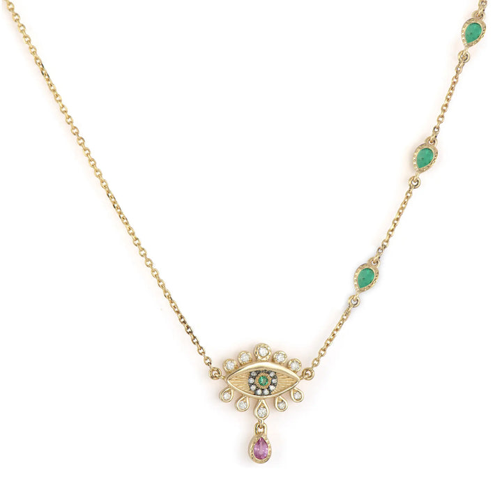 Tiny Evil Eye Emerald & Sapphire Necklace