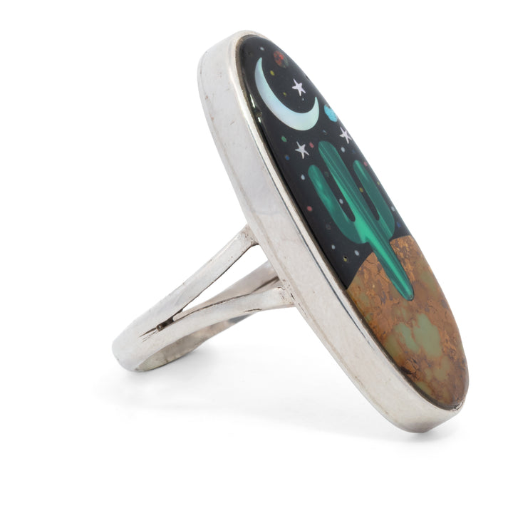 Large Oval Malachite Cactus Night Sky Ring