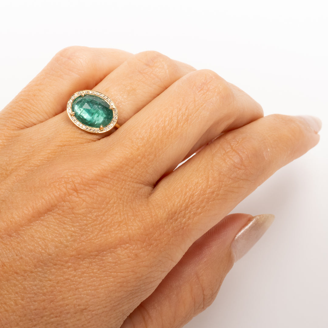 Stella Oval Faceted Emerald with Diamond Halo Ring
