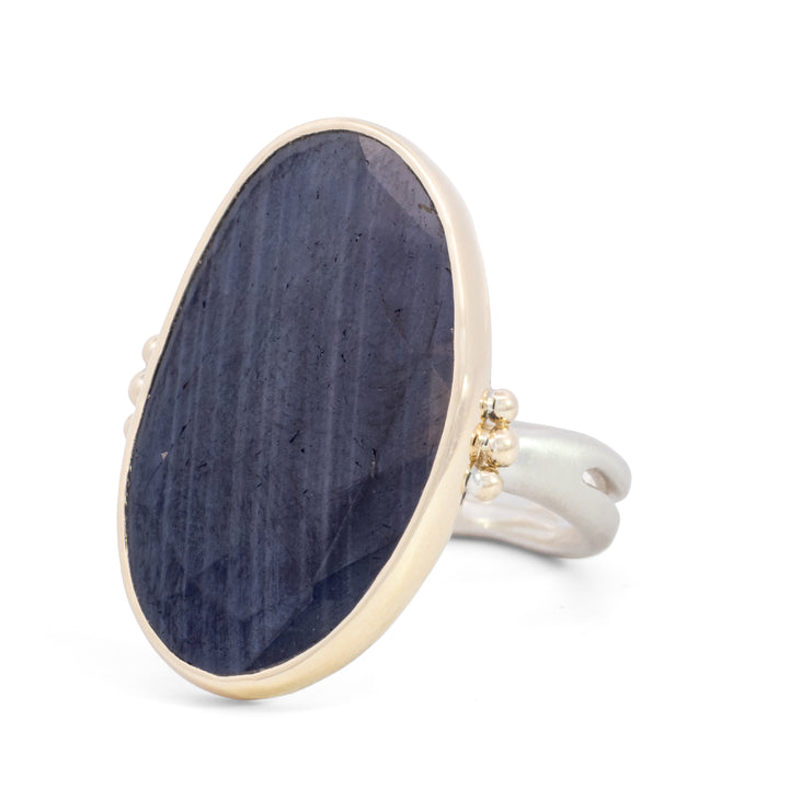 17.30 ct Asymmetrical Faceted Dark Blue Sapphire Ring
