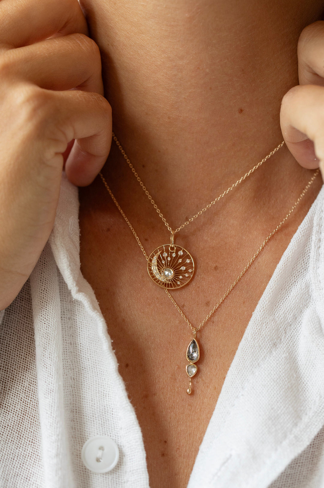Grey Rose Cut Diamond Moon & Sun Dream Catcher Necklace