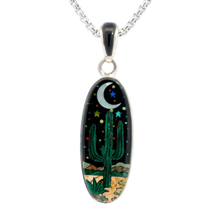 Multi Stone Long Oval Cactus Inlay Pendant