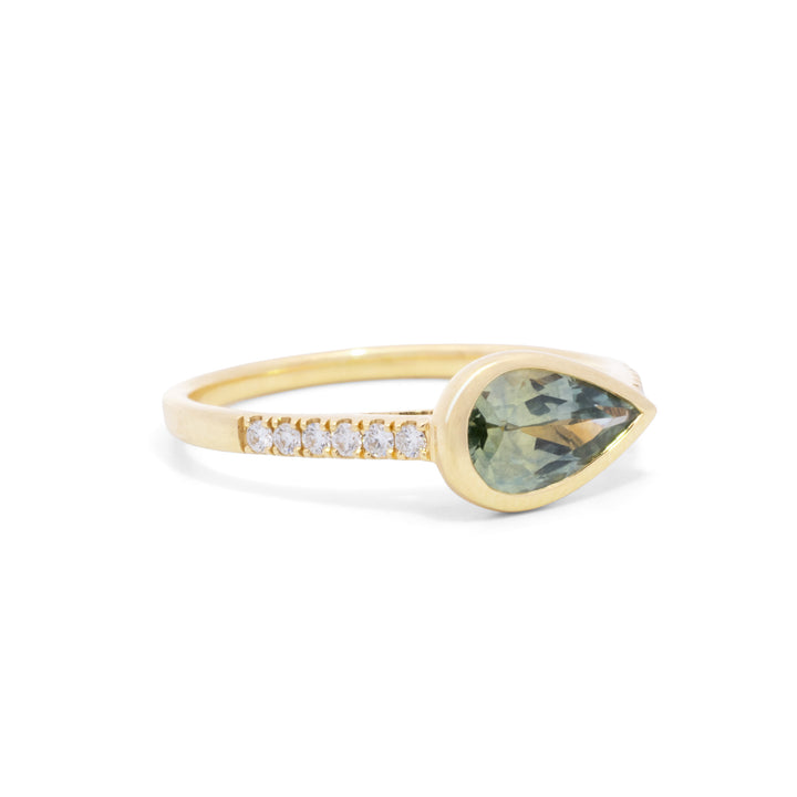 Horizontal Pear Green Sapphire Bezel Set Ring