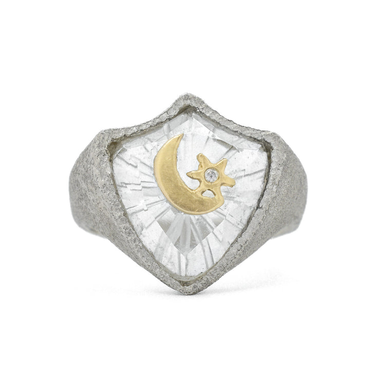 Crescent Moon & Star Shield Signet Ring