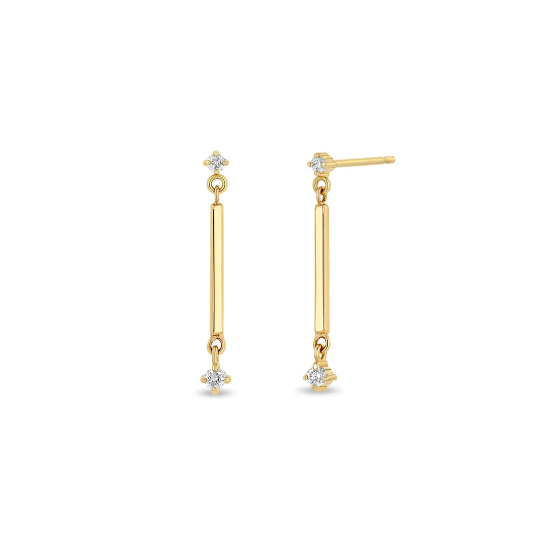 Gold Bar With 2 Prong Diamond Drop Earrings