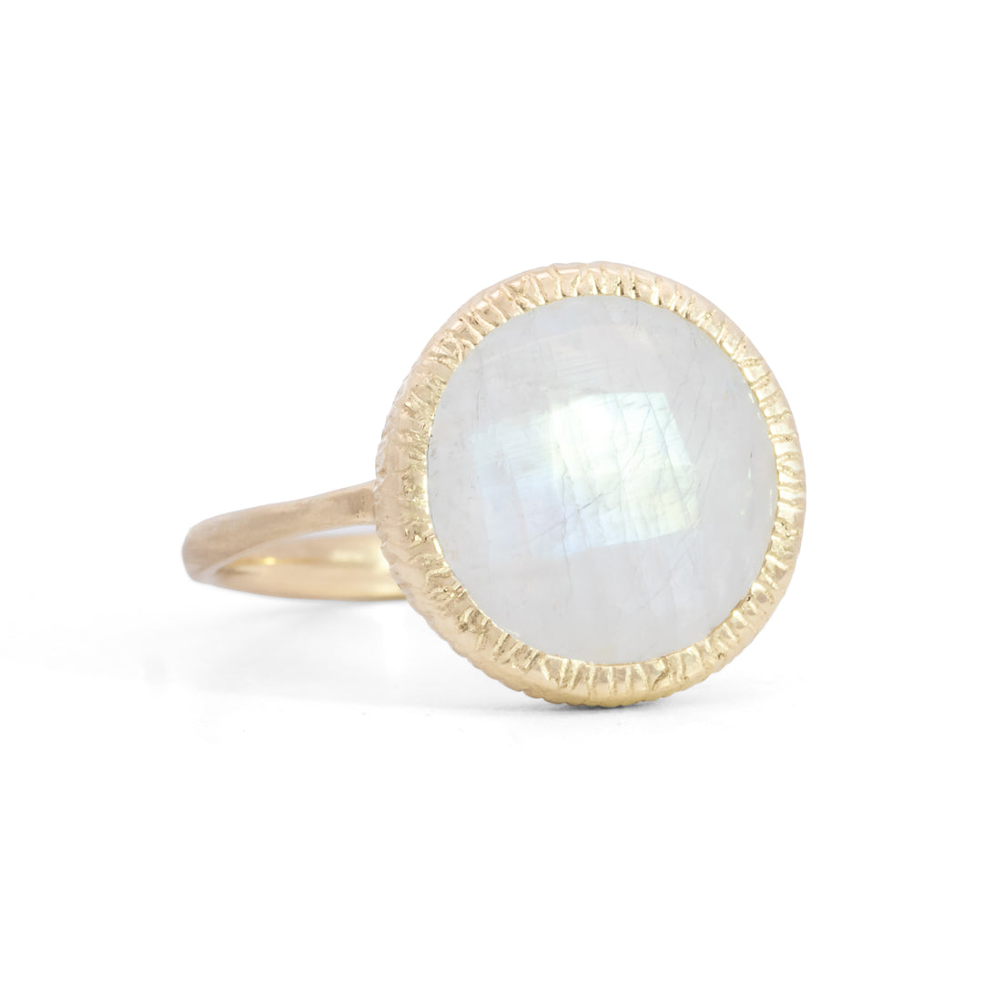 Round Faceted Rainbow Moonstone Ring